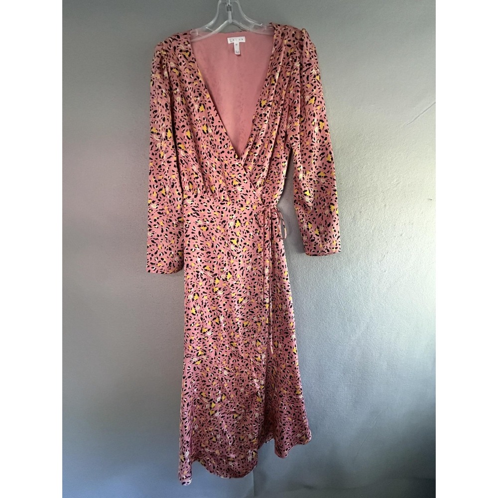 Leith Dress Womens XS Pink Animal Print Wrap V Neck Long Sleeve Pleated Midi